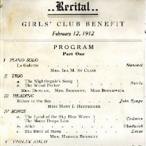 Recital: Girls' Club Benefit, February 12, 1912.